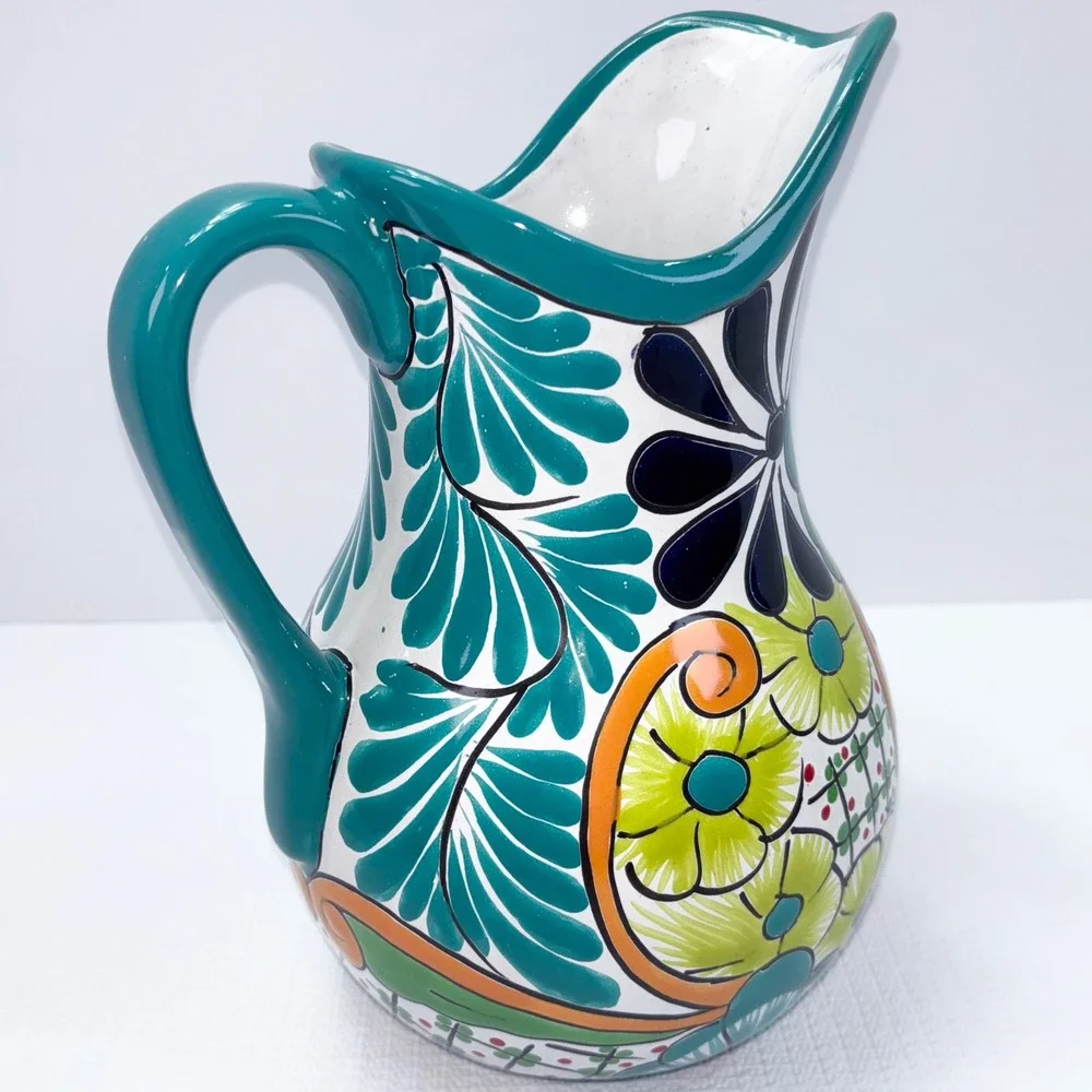 Pitcher Vause Ceramic Talavera Hand Painted Made in Mexico Floral Teal Large